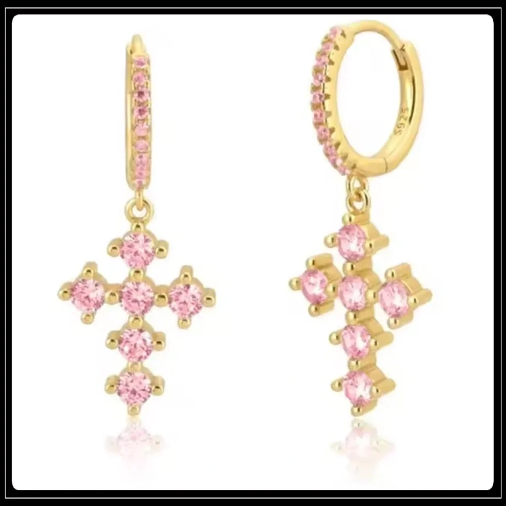NEW 925 GOLD PINK SAPPHIRE GOD GOTH CELTICS CROSS HUGGIE EARRINGS